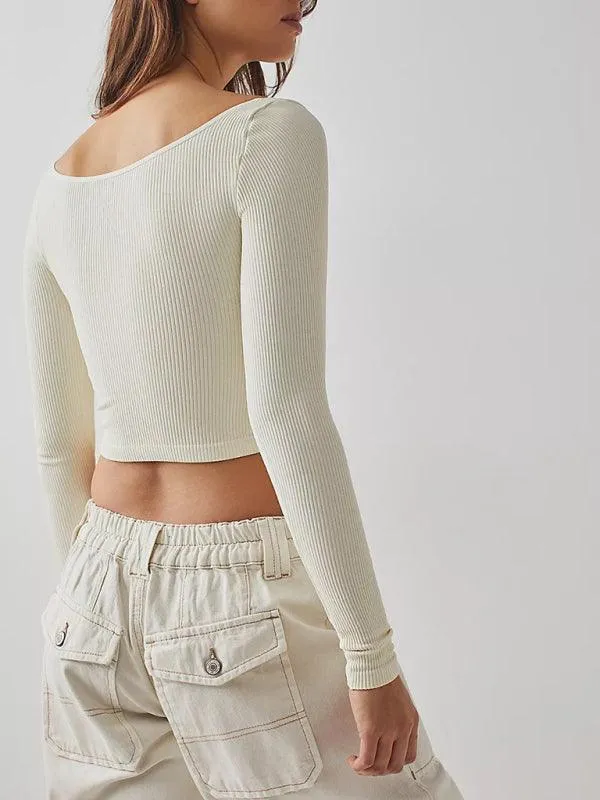 Chic French Stripe U-neck Long-sleeve Crop Top - Essential Women's Fashion with Elegance