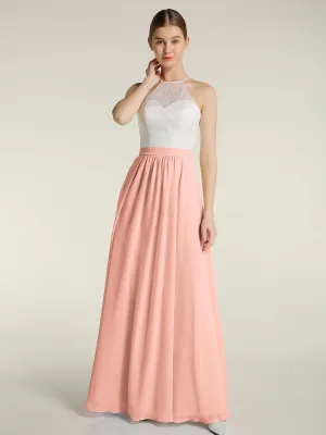 Chiffon Long Dresses with Ivory Lace Bodice-Coral