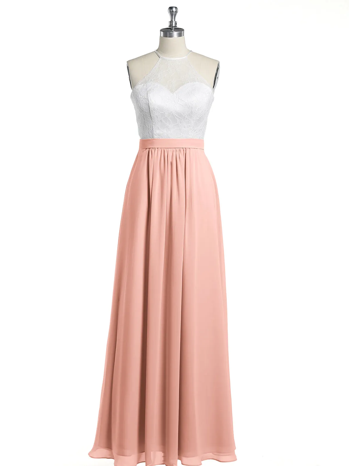 Chiffon Long Dresses with Ivory Lace Bodice-Coral