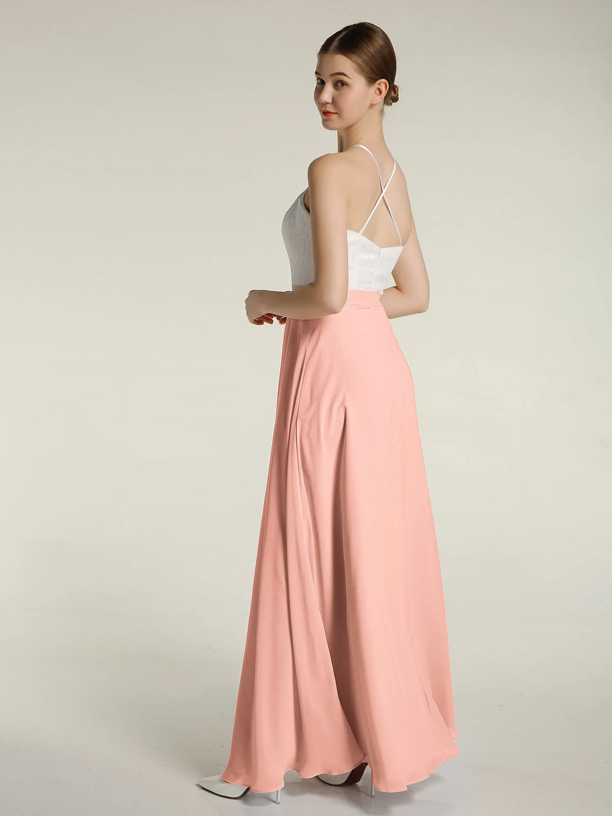 Chiffon Long Dresses with Ivory Lace Bodice-Coral