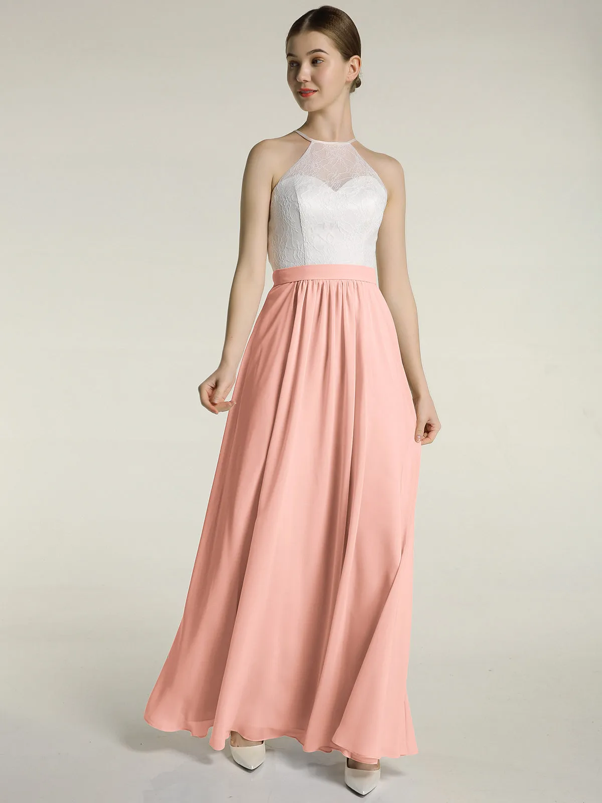 Chiffon Long Dresses with Ivory Lace Bodice-Coral