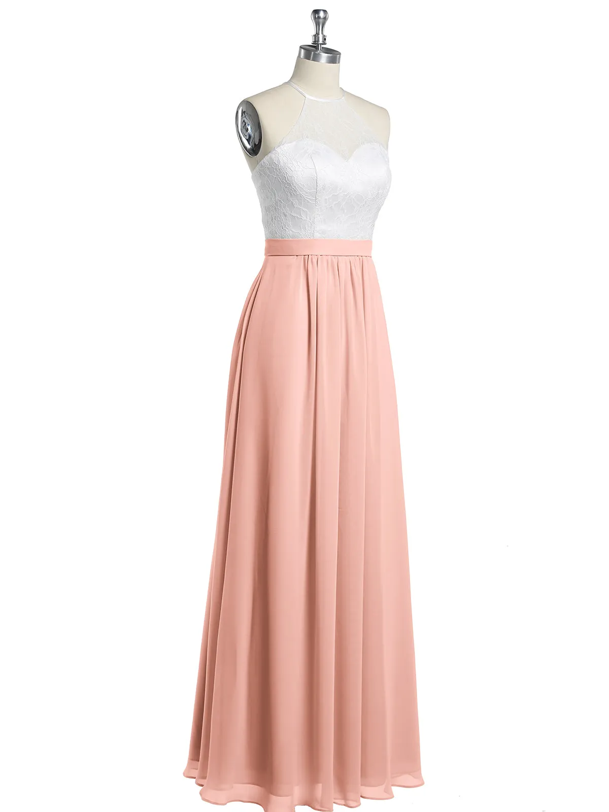 Chiffon Long Dresses with Ivory Lace Bodice-Coral