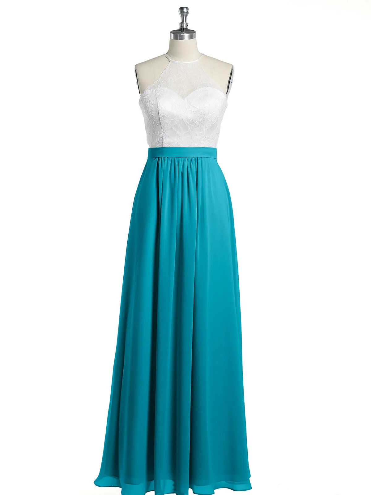 Chiffon Long Dresses with Ivory Lace Bodice-Jade