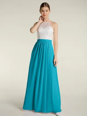 Chiffon Long Dresses with Ivory Lace Bodice-Jade