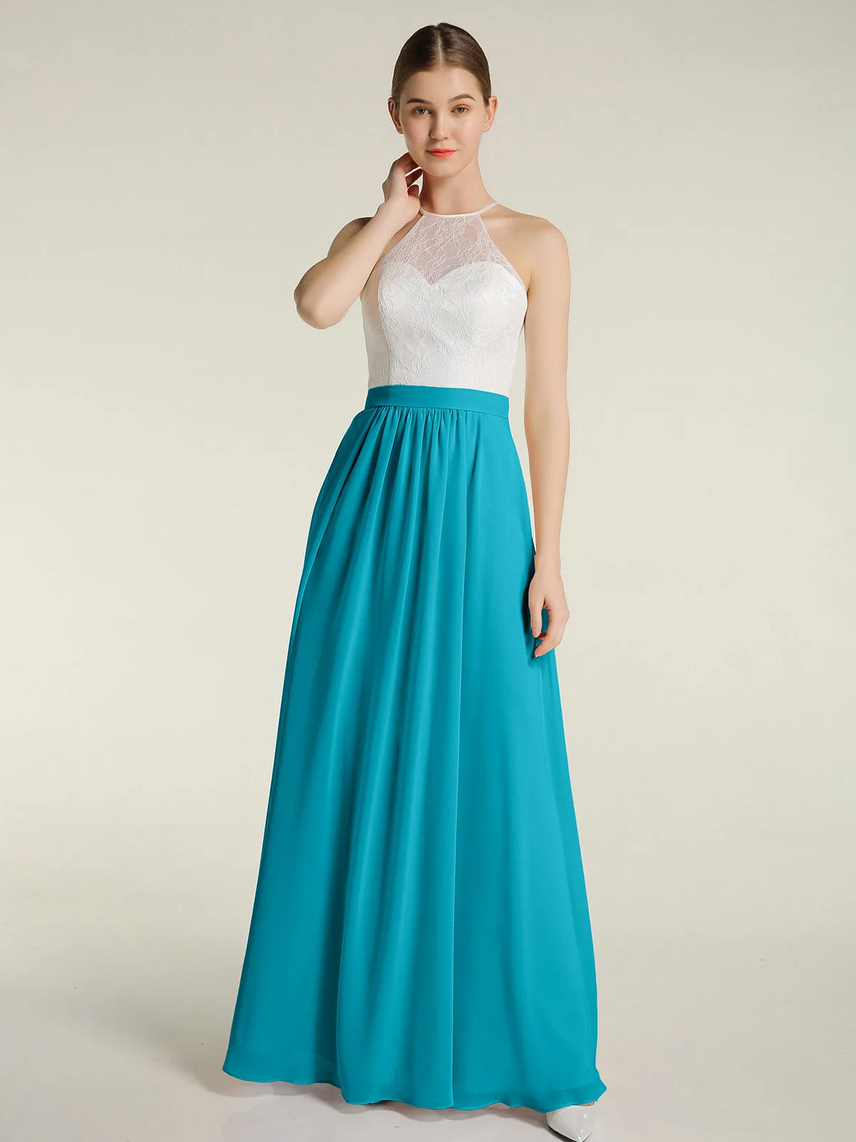 Chiffon Long Dresses with Ivory Lace Bodice-Jade