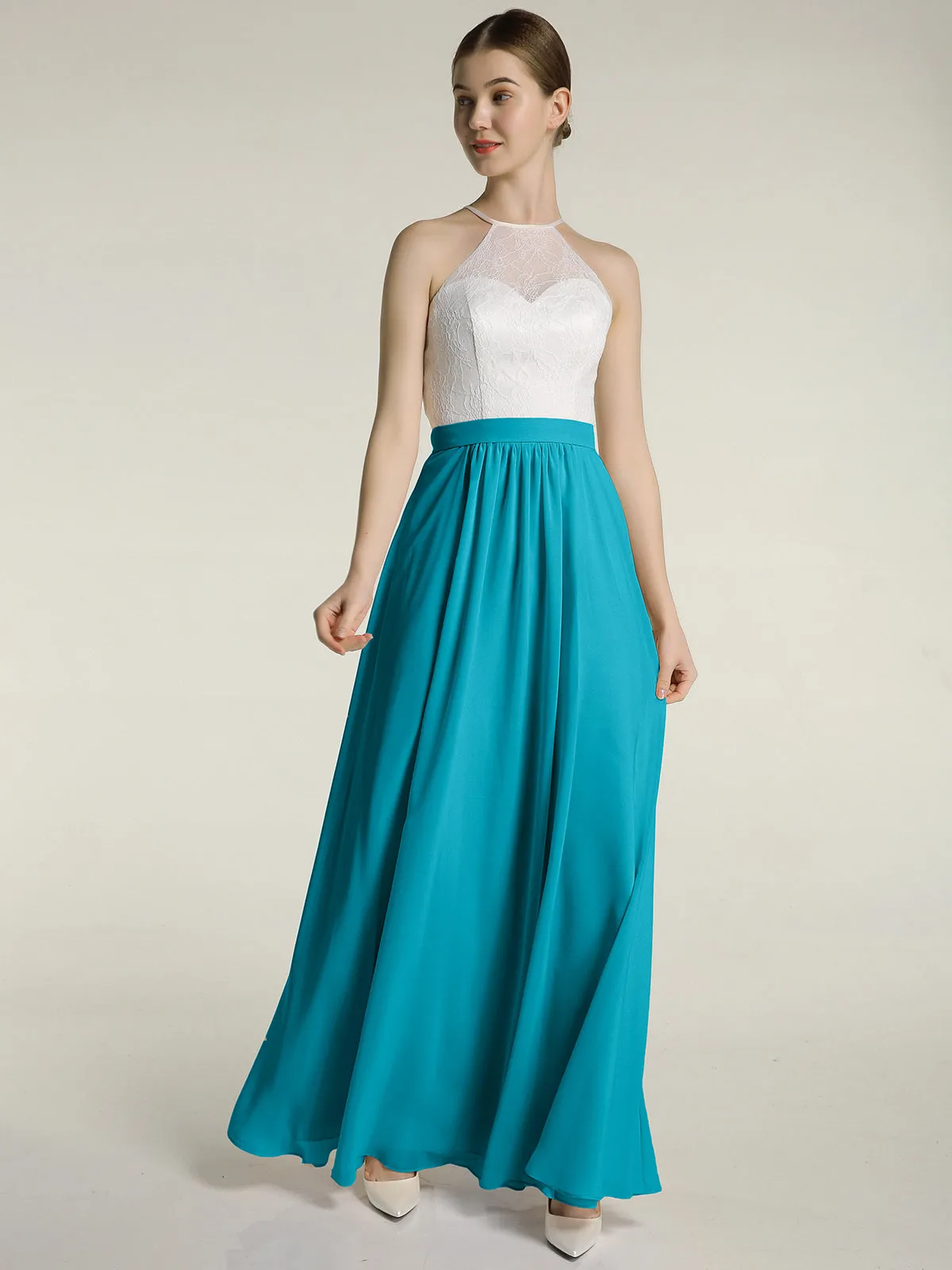 Chiffon Long Dresses with Ivory Lace Bodice-Jade