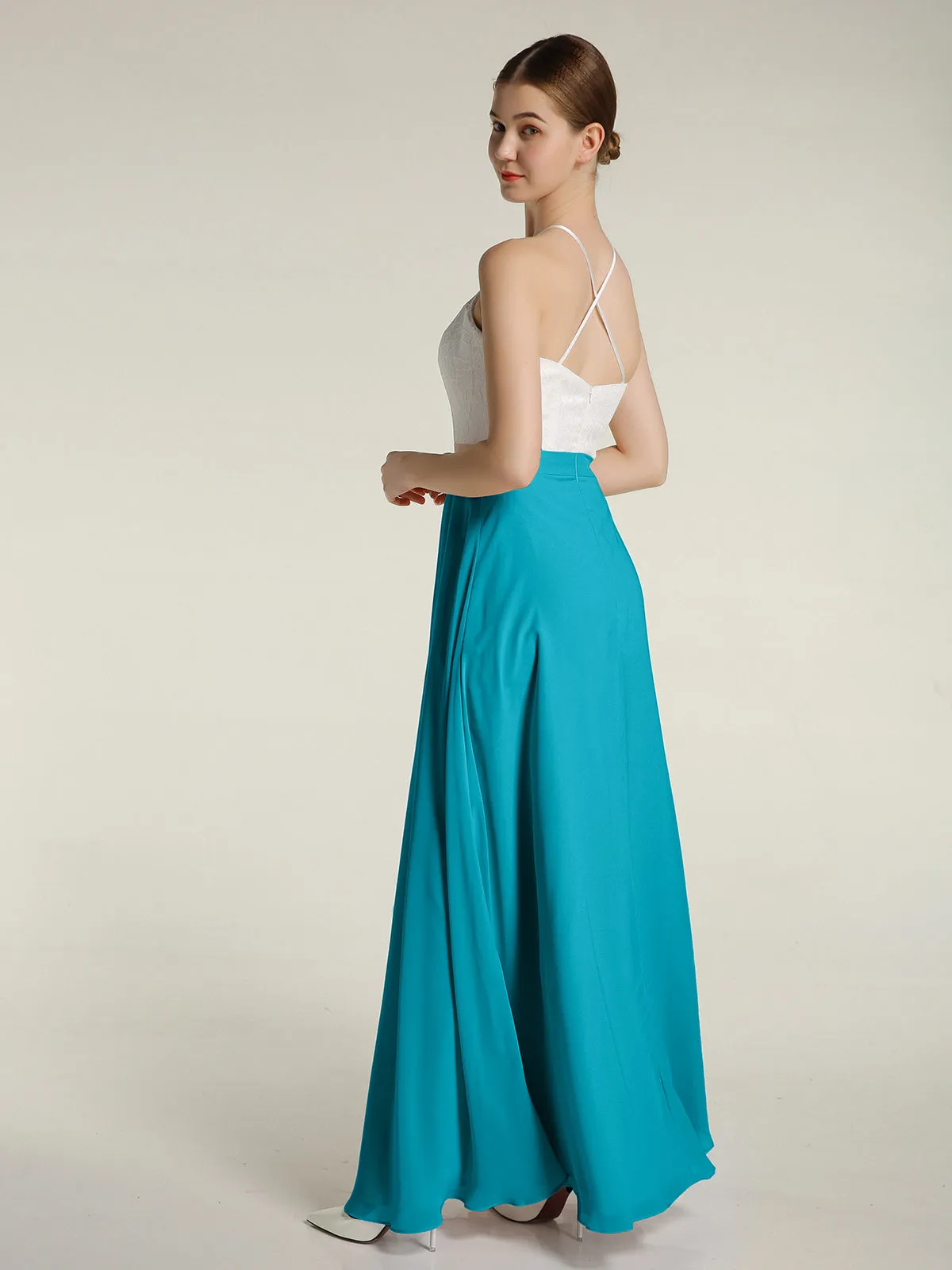 Chiffon Long Dresses with Ivory Lace Bodice-Jade