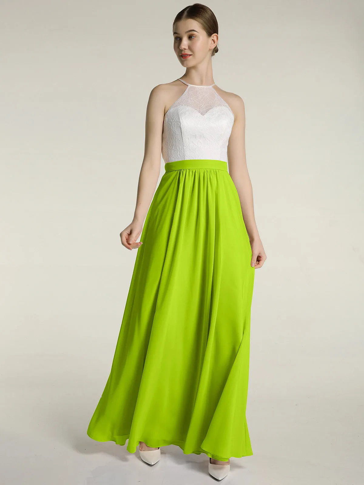Chiffon Long Dresses with Ivory Lace Bodice-Lime Green Plus Size