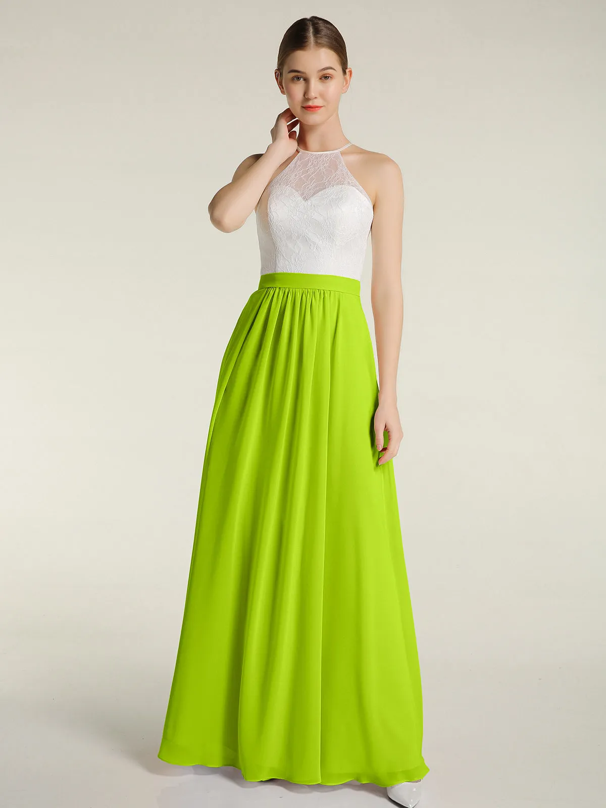 Chiffon Long Dresses with Ivory Lace Bodice-Lime Green Plus Size