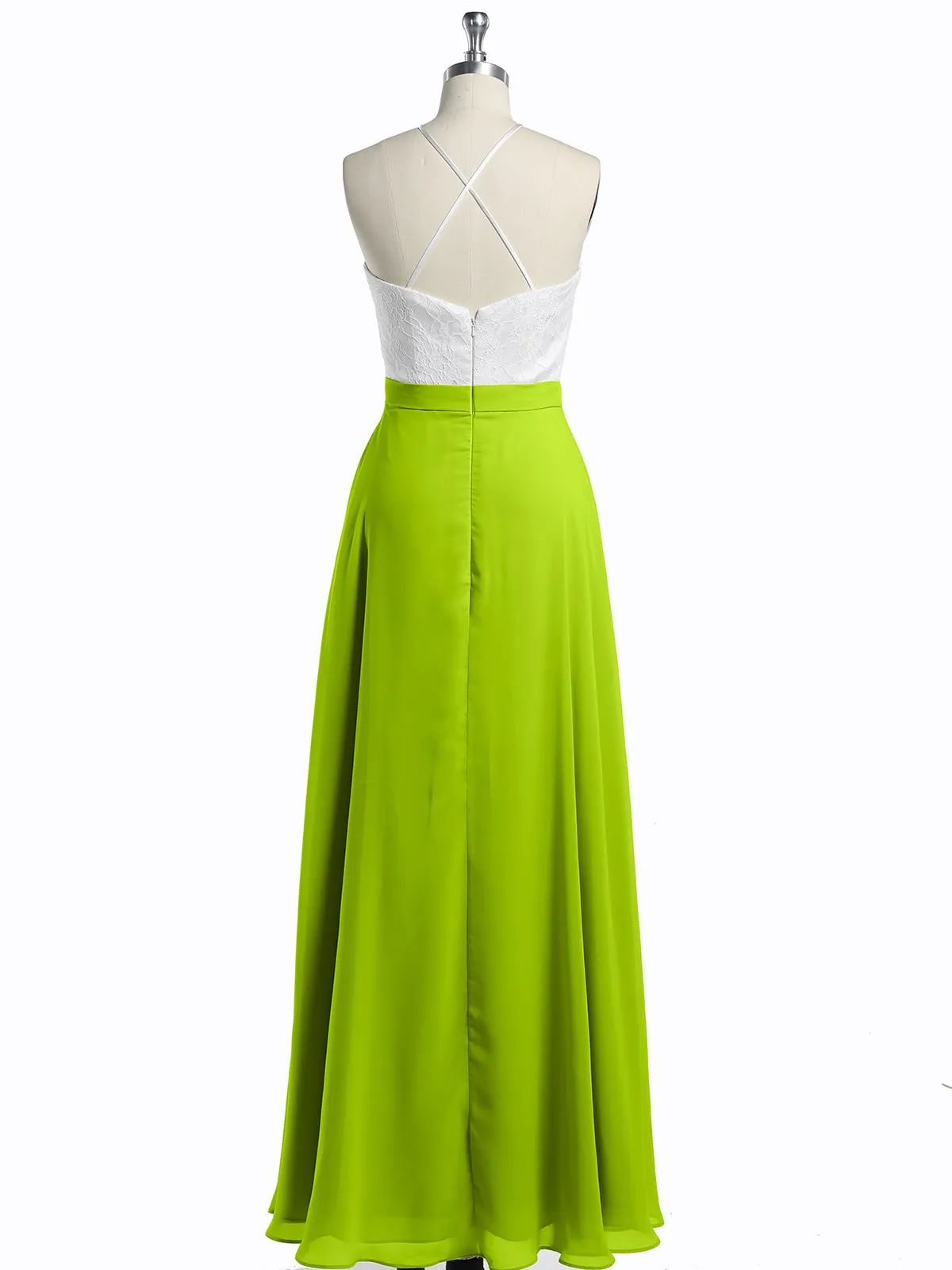 Chiffon Long Dresses with Ivory Lace Bodice-Lime Green Plus Size