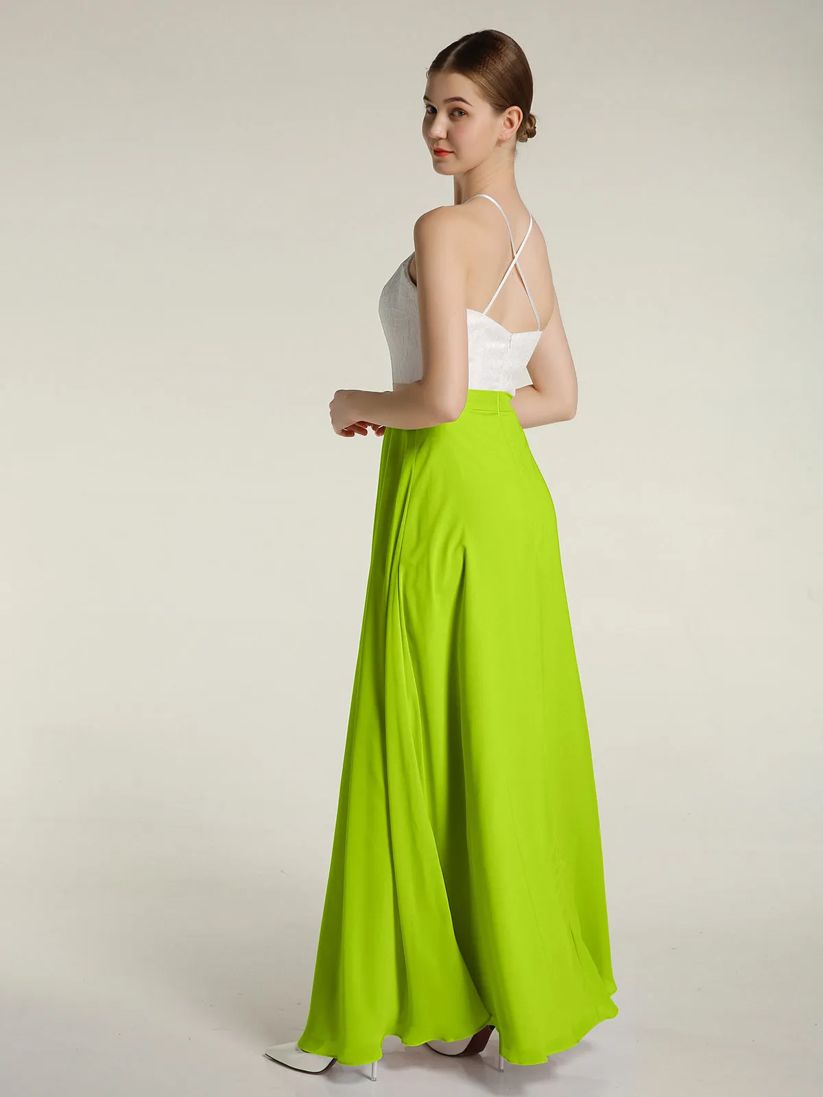 Chiffon Long Dresses with Ivory Lace Bodice-Lime Green Plus Size