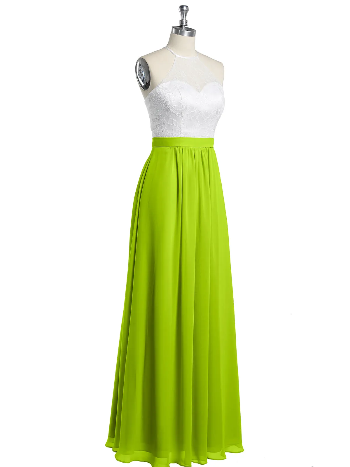 Chiffon Long Dresses with Ivory Lace Bodice-Lime Green Plus Size