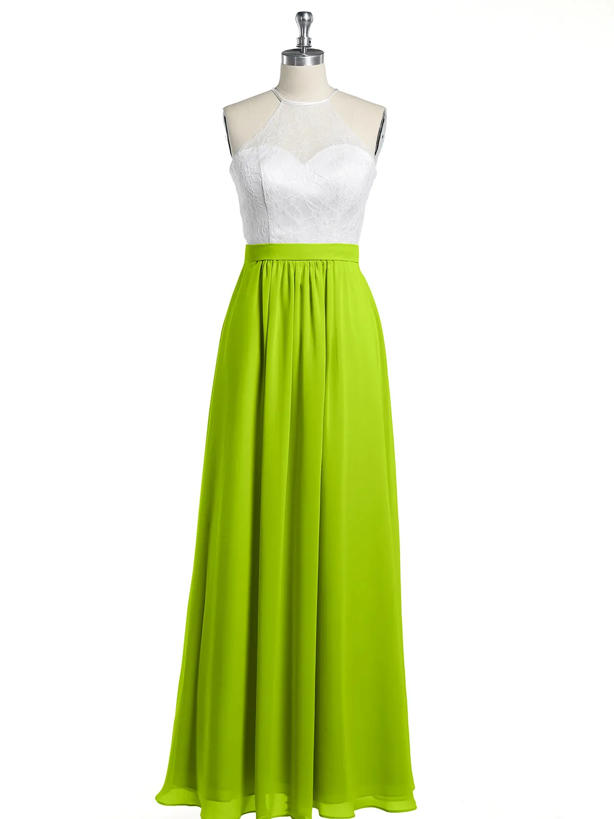 Chiffon Long Dresses with Ivory Lace Bodice-Lime Green Plus Size