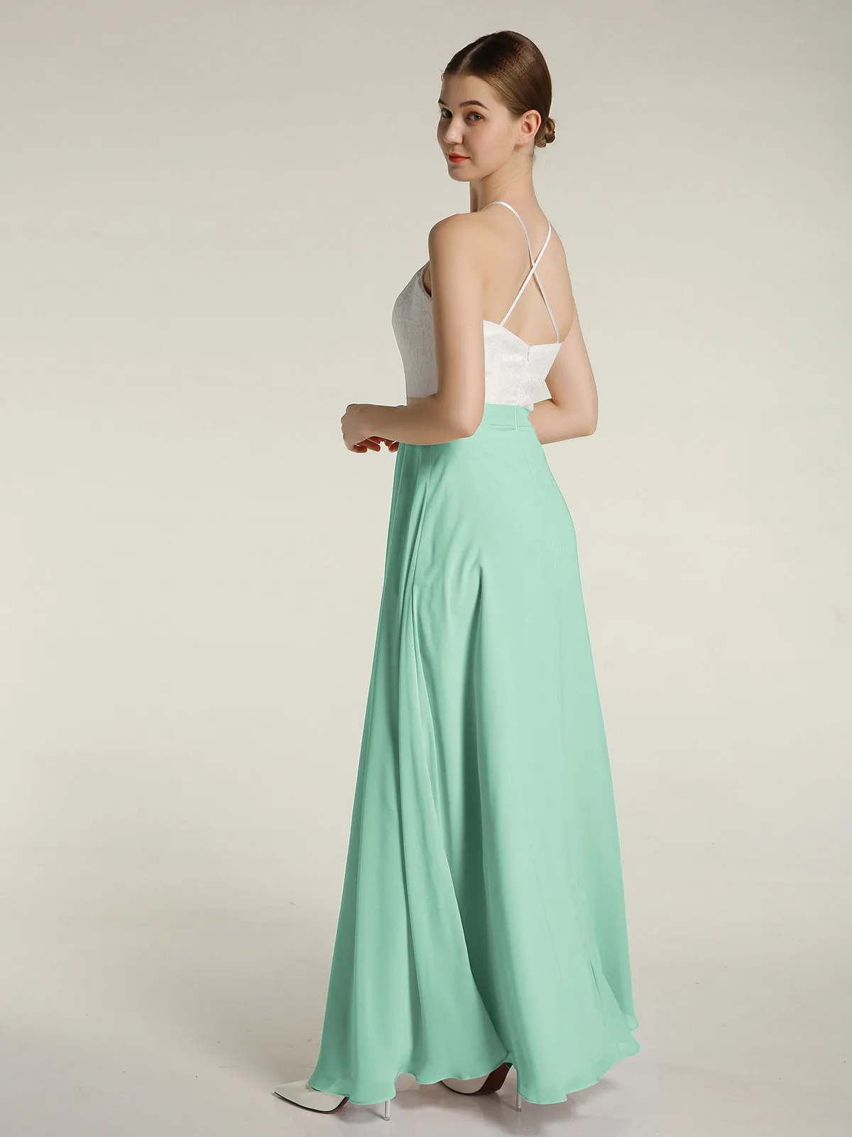 Chiffon Long Dresses with Ivory Lace Bodice-Mint Green
