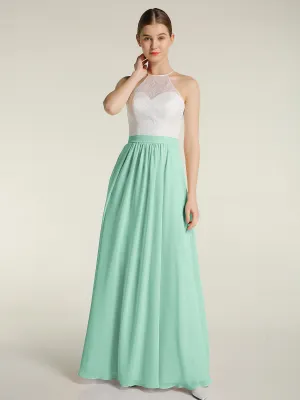 Chiffon Long Dresses with Ivory Lace Bodice-Mint Green
