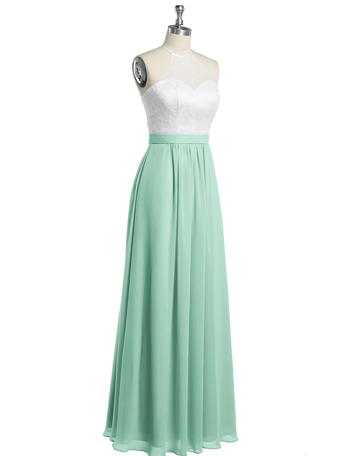 Chiffon Long Dresses with Ivory Lace Bodice-Mint Green