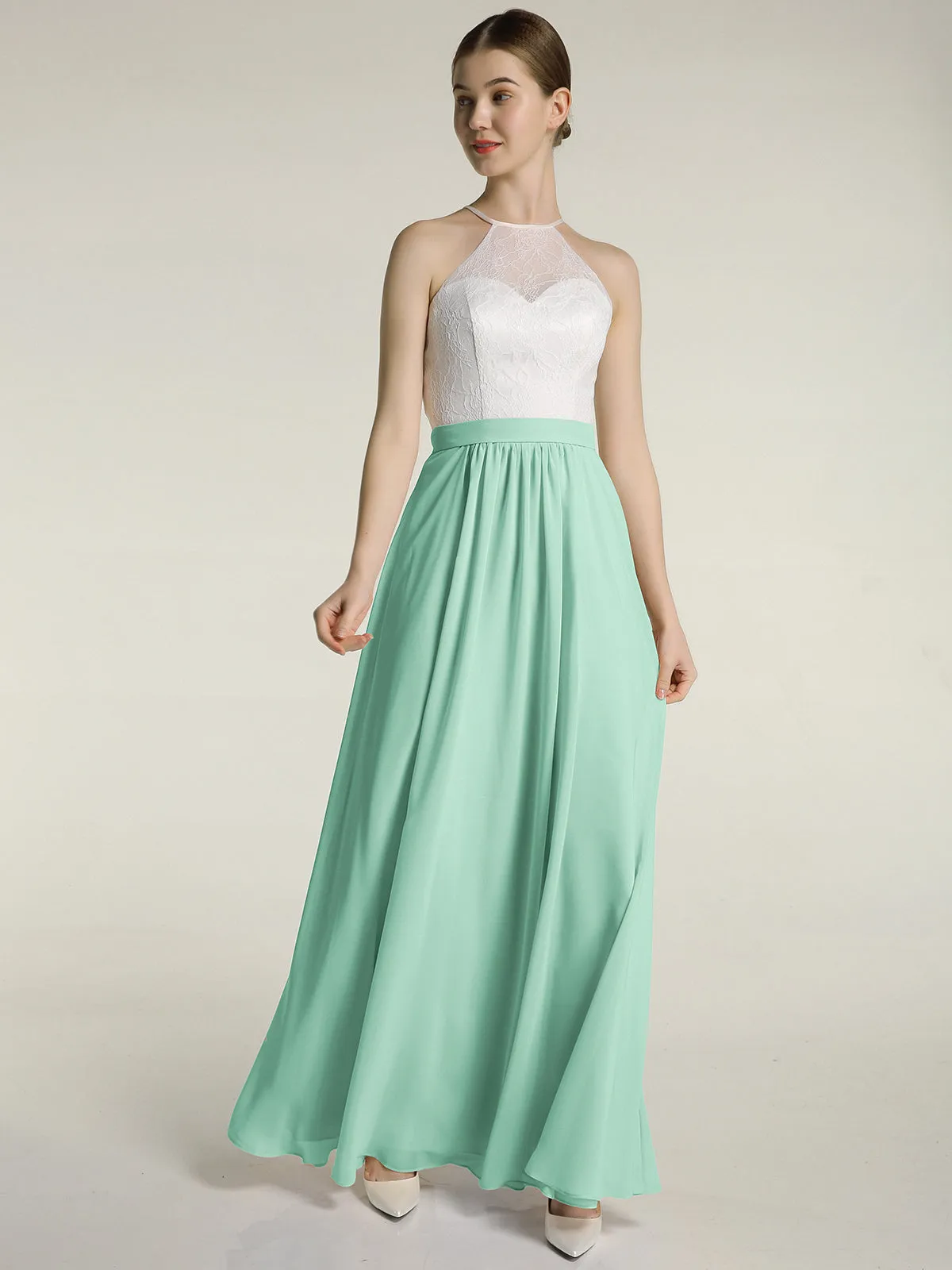 Chiffon Long Dresses with Ivory Lace Bodice-Mint Green