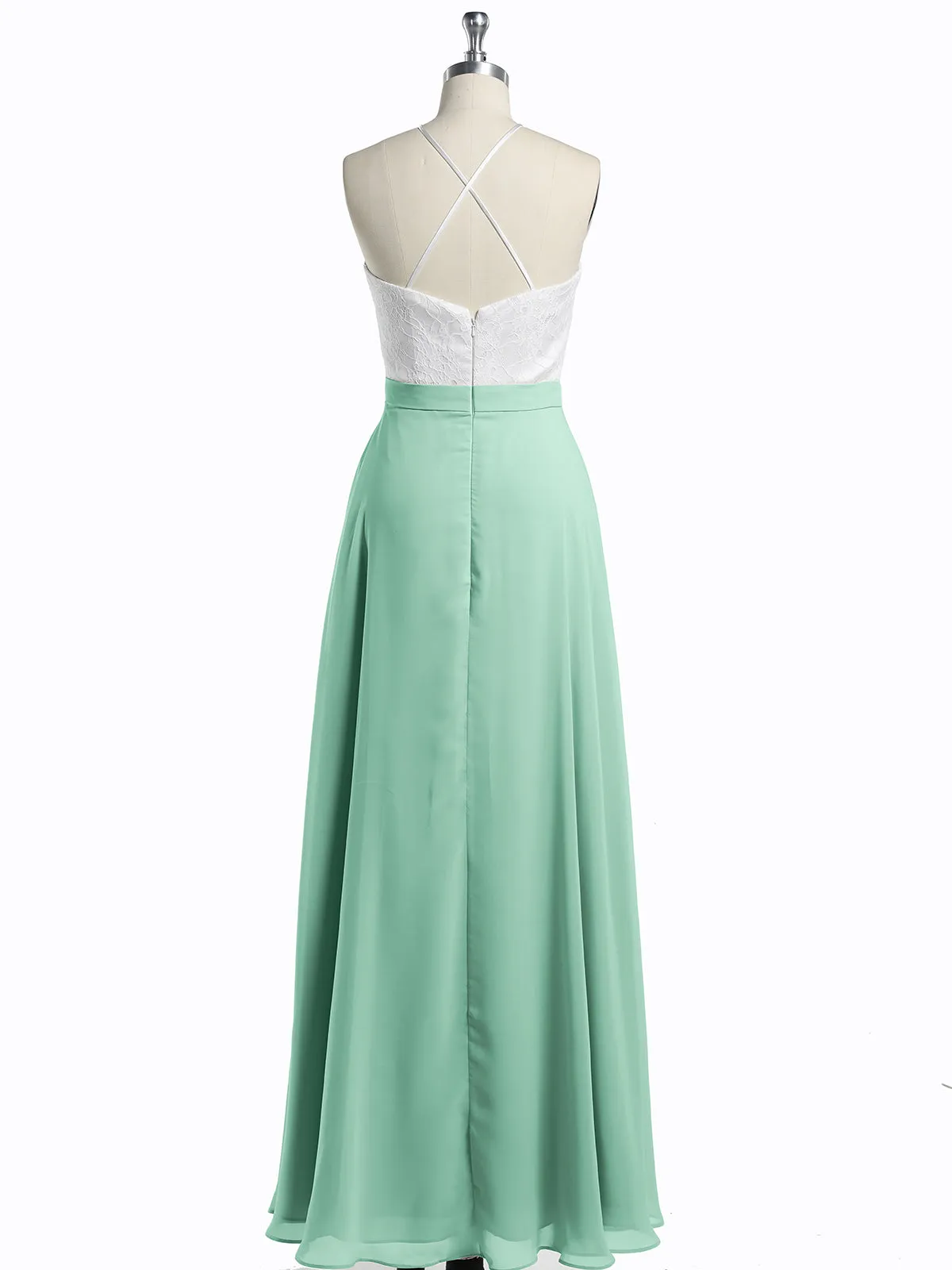 Chiffon Long Dresses with Ivory Lace Bodice-Mint Green