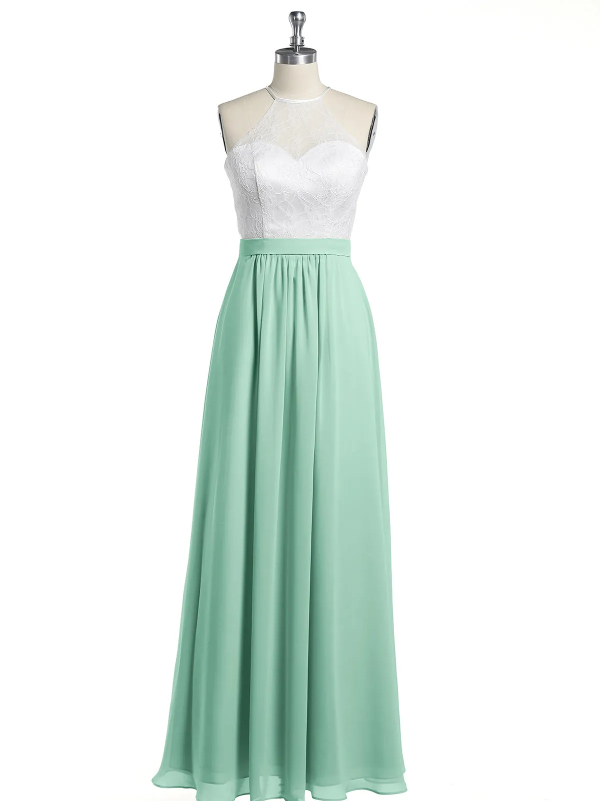 Chiffon Long Dresses with Ivory Lace Bodice-Mint Green