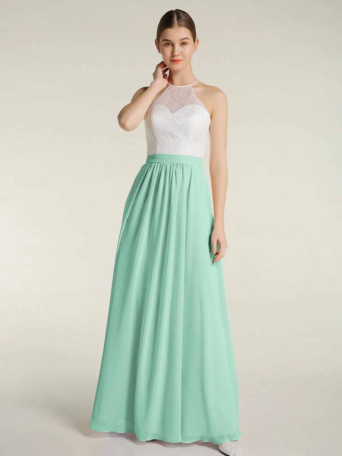 Chiffon Long Dresses with Ivory Lace Bodice-Mint Green