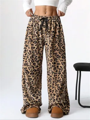 Comfy and Cozy Leopard  Print Wide Leg Plush Sweat Pants