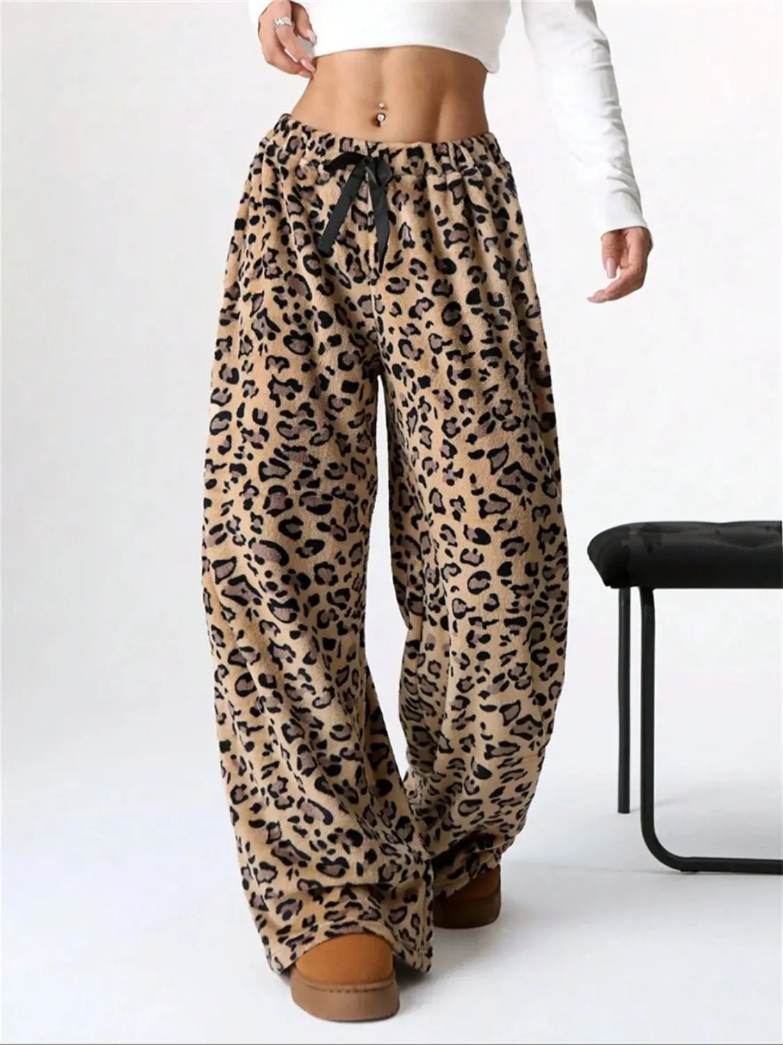 Comfy and Cozy Leopard  Print Wide Leg Plush Sweat Pants