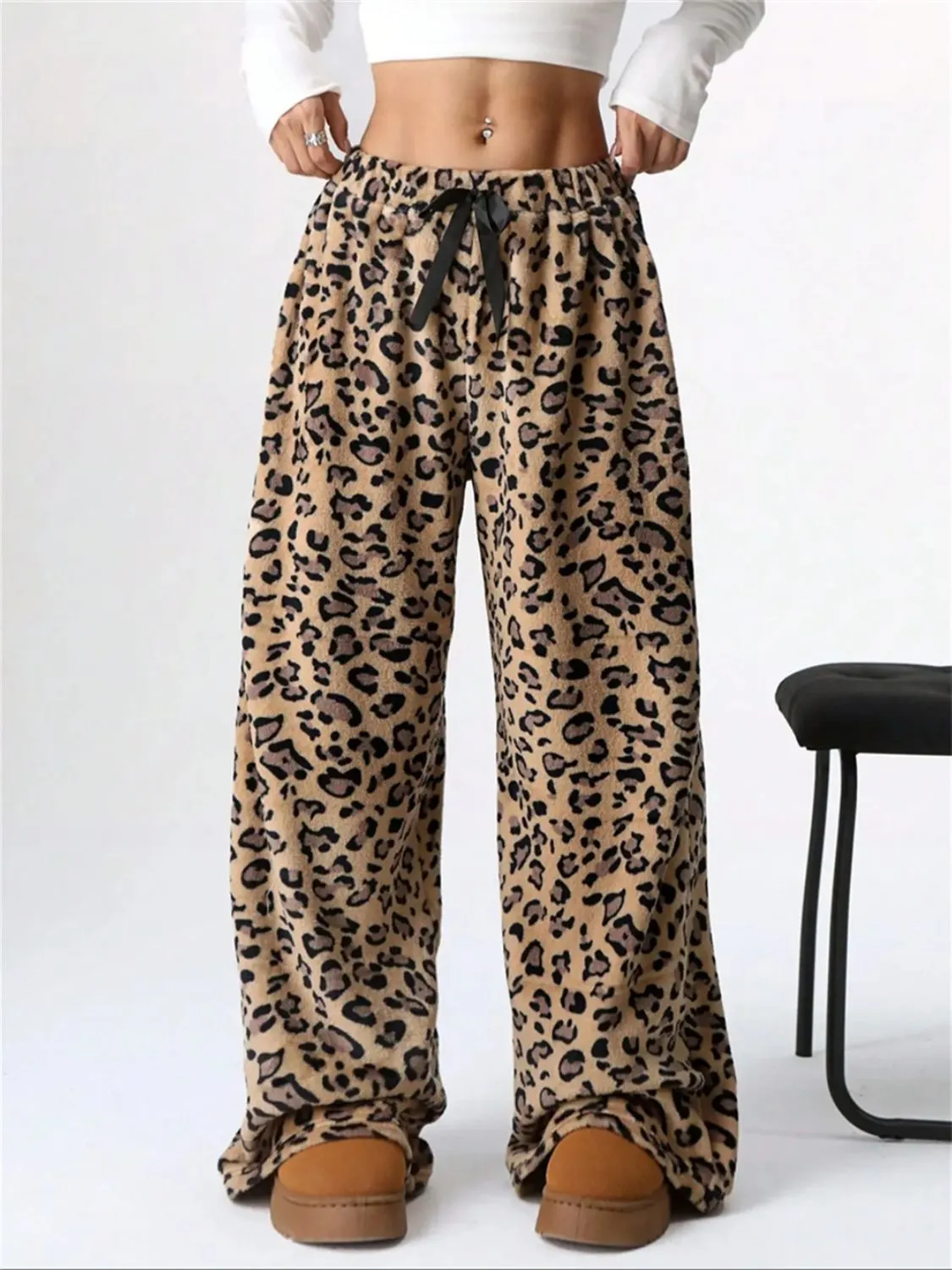 Comfy and Cozy Leopard  Print Wide Leg Plush Sweat Pants