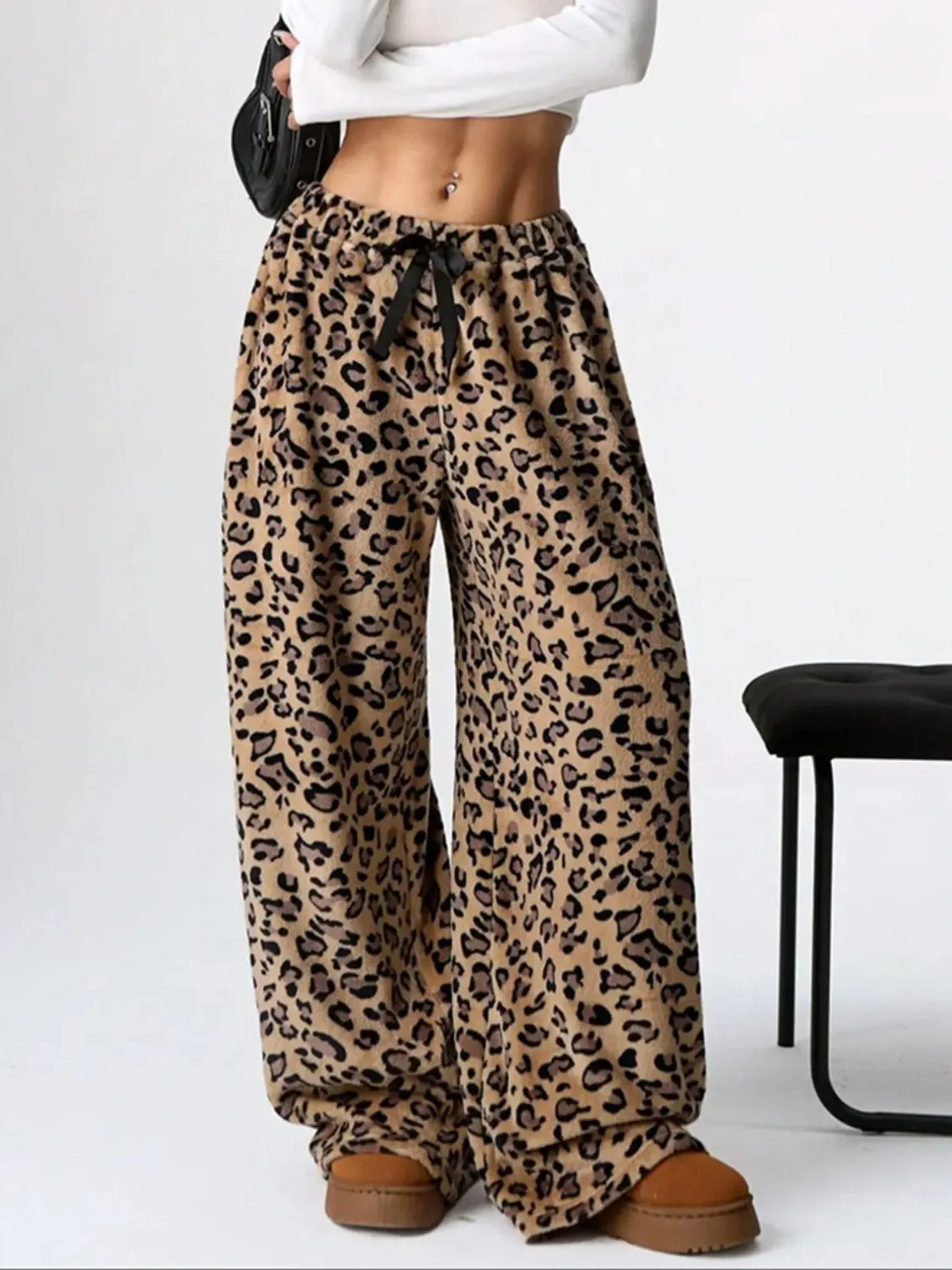 Comfy and Cozy Leopard  Print Wide Leg Plush Sweat Pants