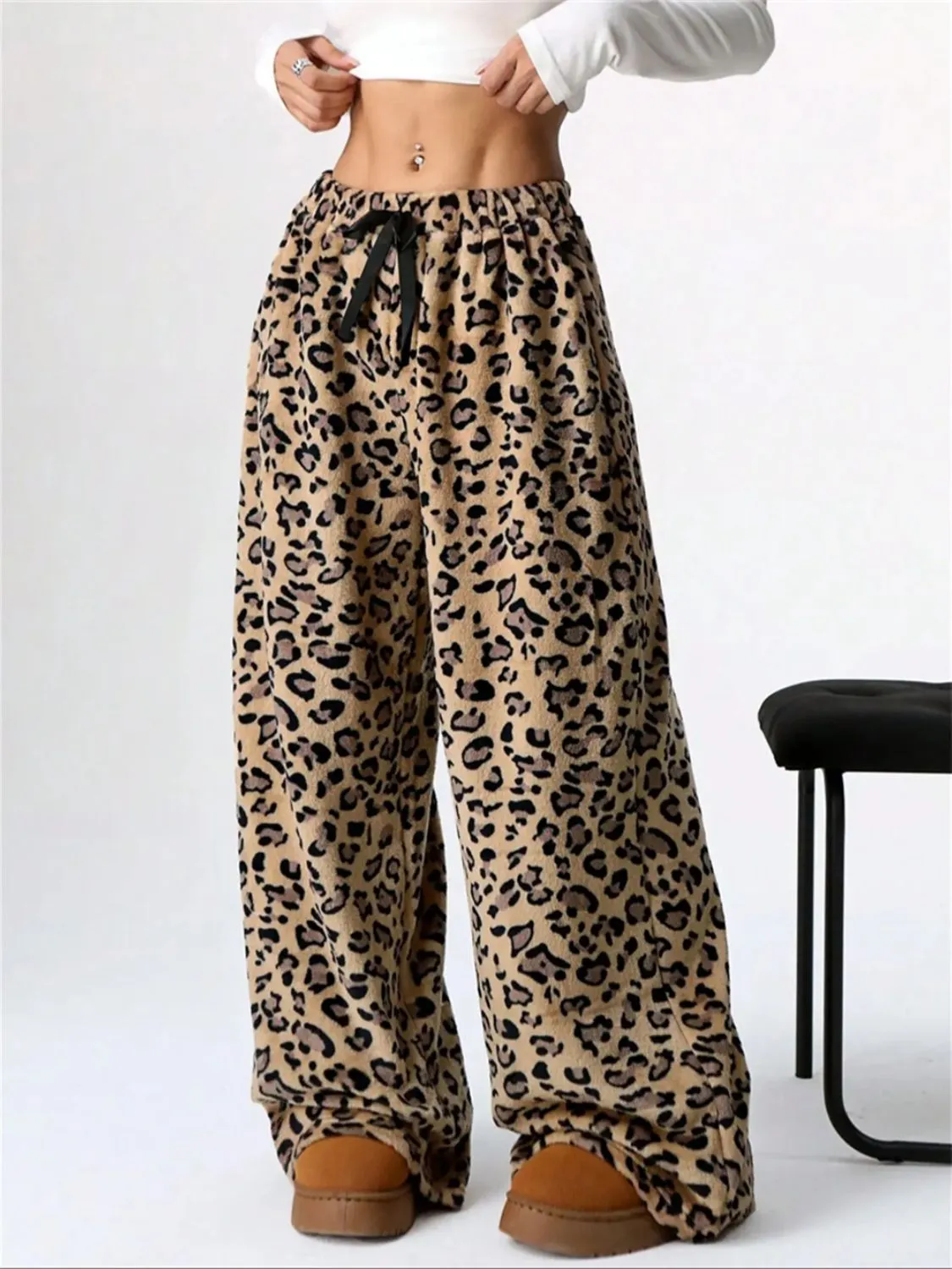 Comfy and Cozy Leopard  Print Wide Leg Plush Sweat Pants