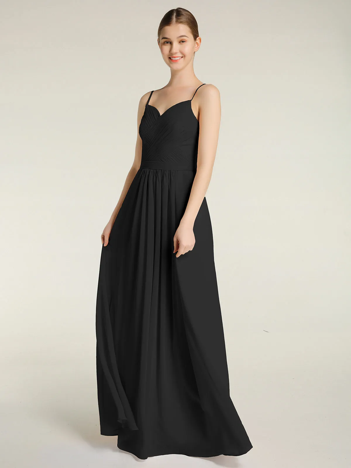 Cross Pleated Bodice Spaghetti Strap Dresses Black