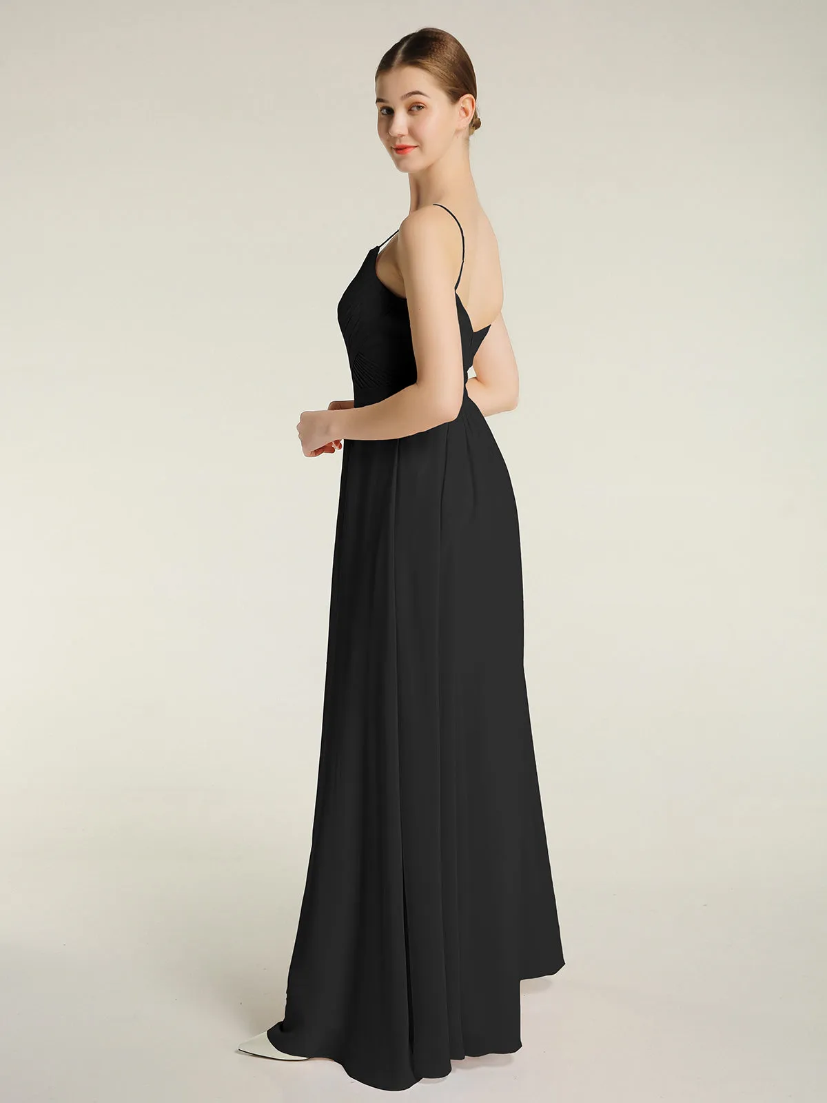 Cross Pleated Bodice Spaghetti Strap Dresses Black