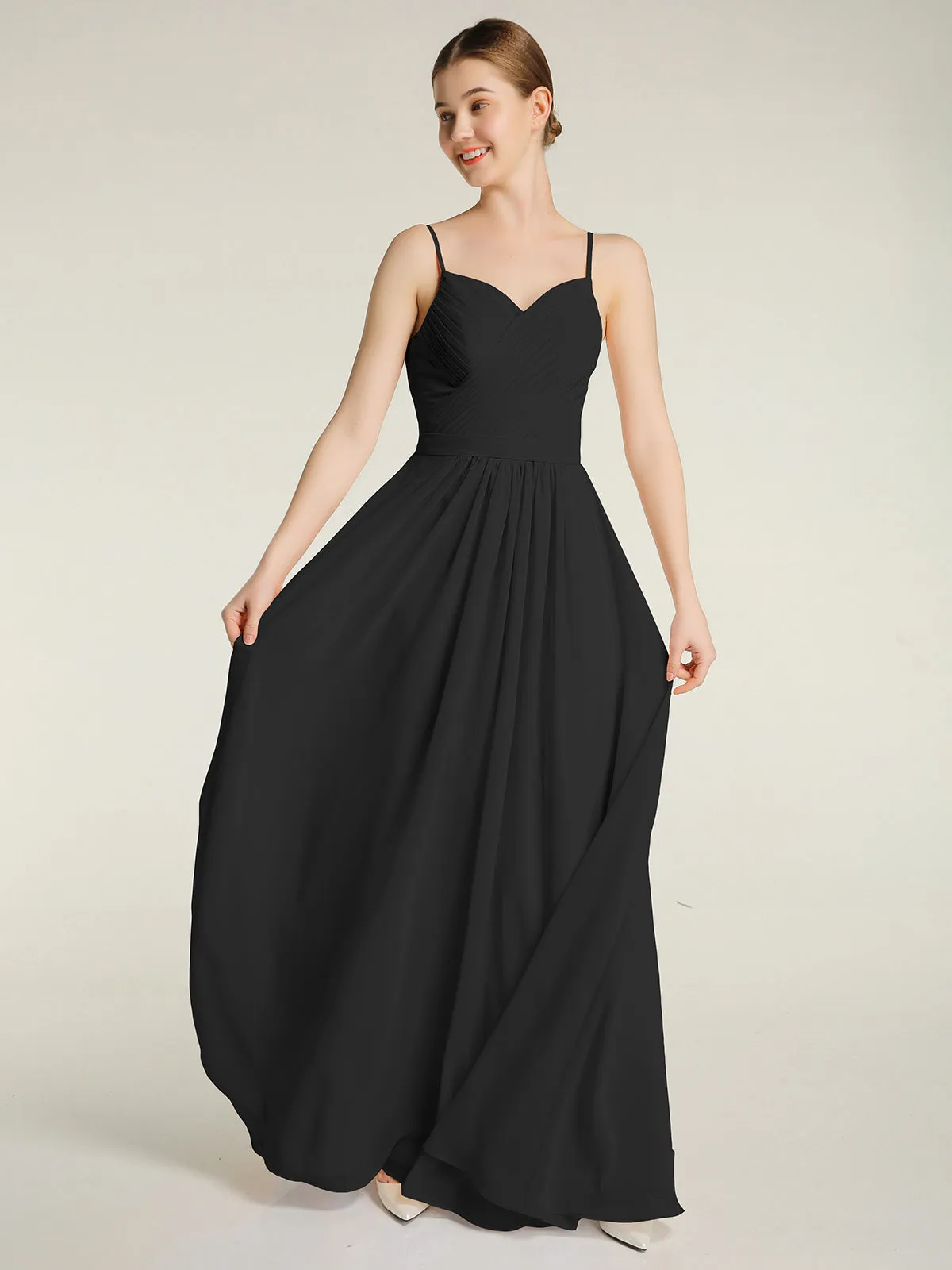 Cross Pleated Bodice Spaghetti Strap Dresses Black