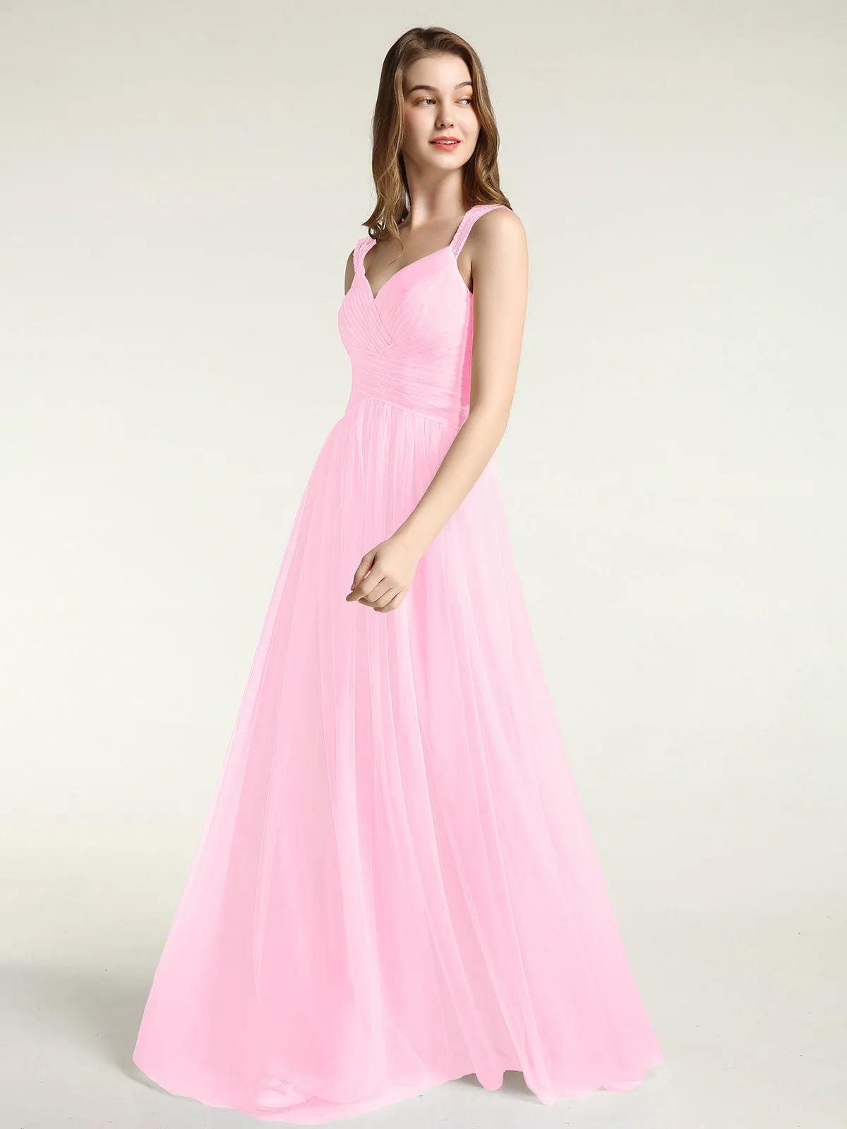 Cross-Pleated Tulle Long Dresses with Beaded Straps Candy Pink