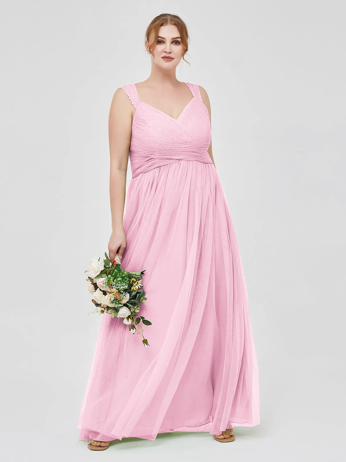 Cross-Pleated Tulle Long Dresses with Beaded Straps Candy Pink