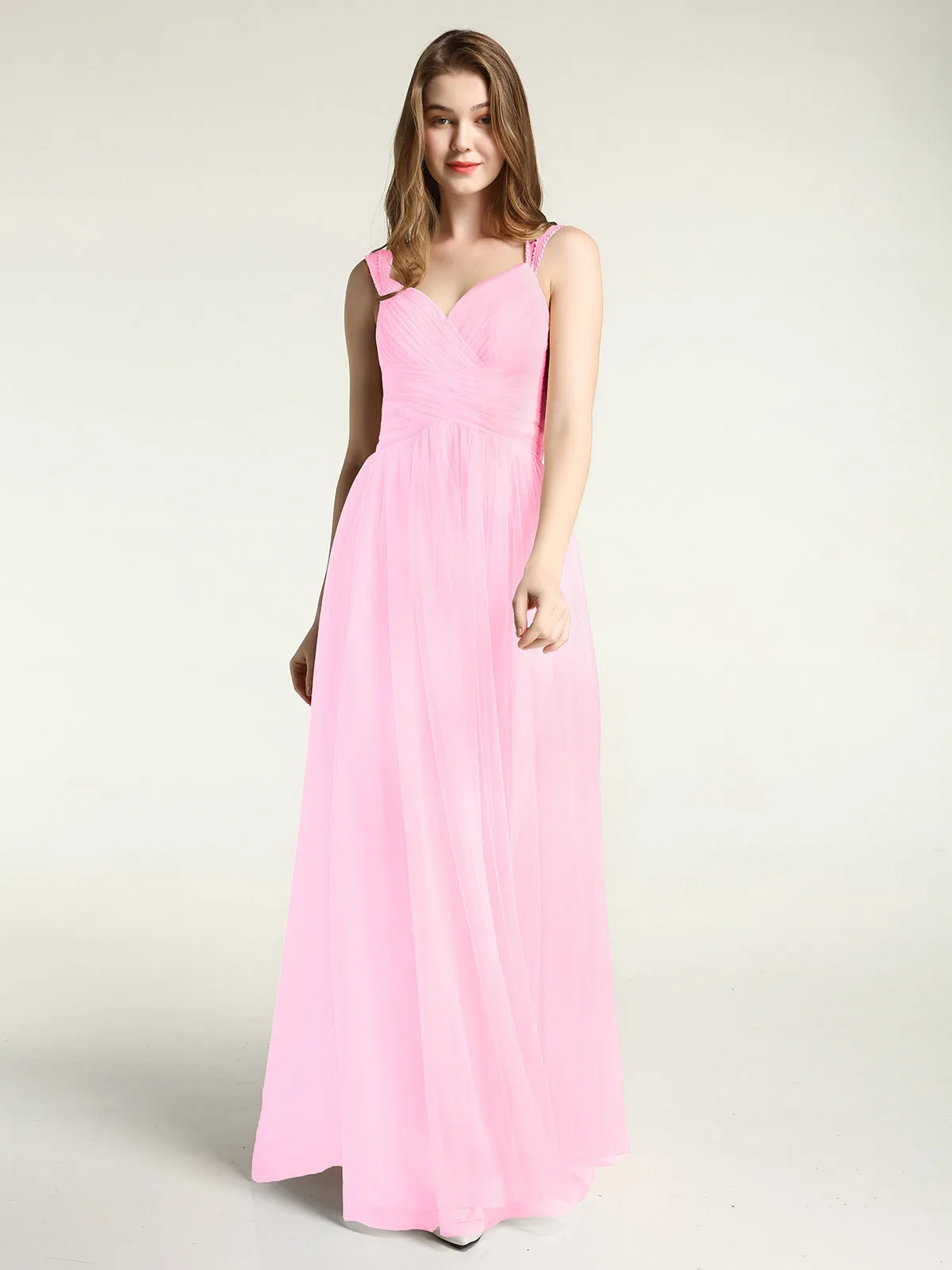 Cross-Pleated Tulle Long Dresses with Beaded Straps Candy Pink