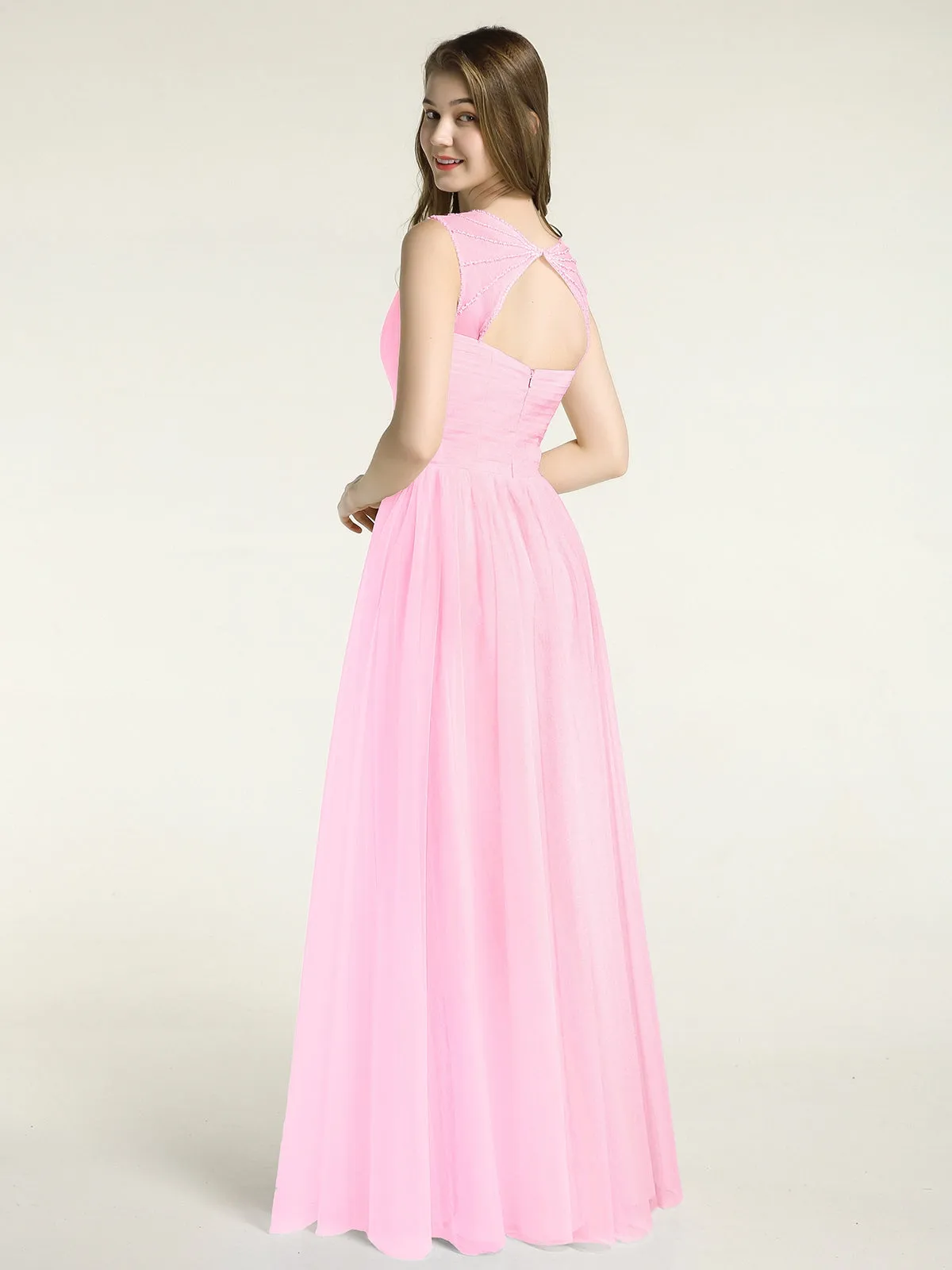 Cross-Pleated Tulle Long Dresses with Beaded Straps Candy Pink