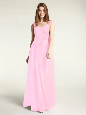 Cross-Pleated Tulle Long Dresses with Beaded Straps Candy Pink