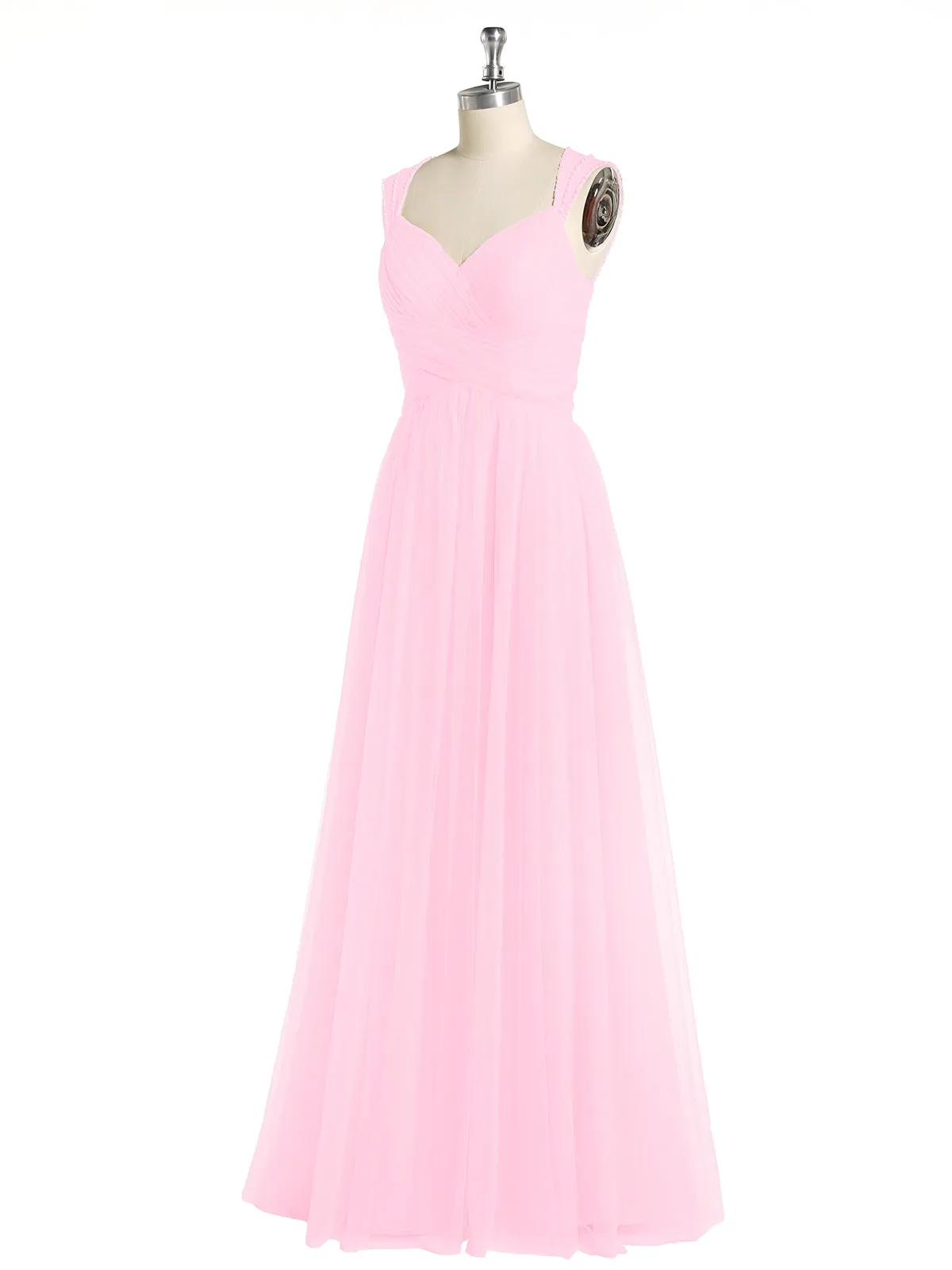 Cross-Pleated Tulle Long Dresses with Beaded Straps Candy Pink