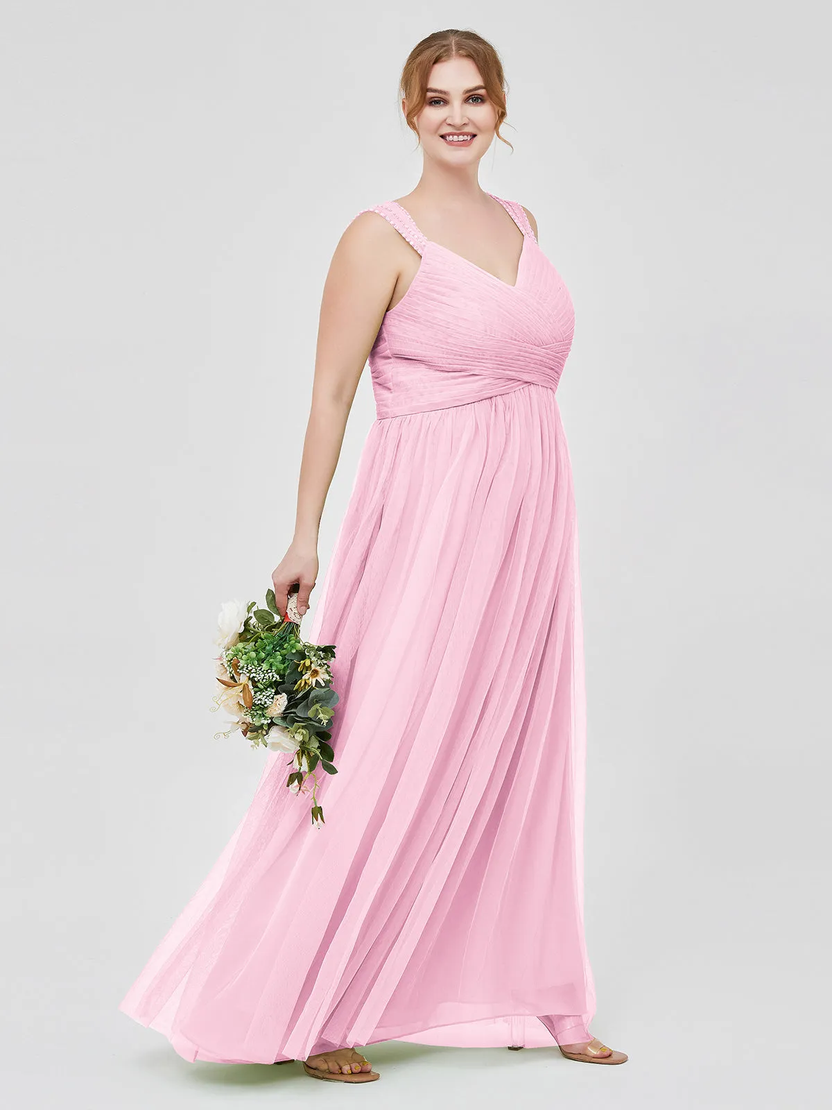Cross-Pleated Tulle Long Dresses with Beaded Straps Candy Pink