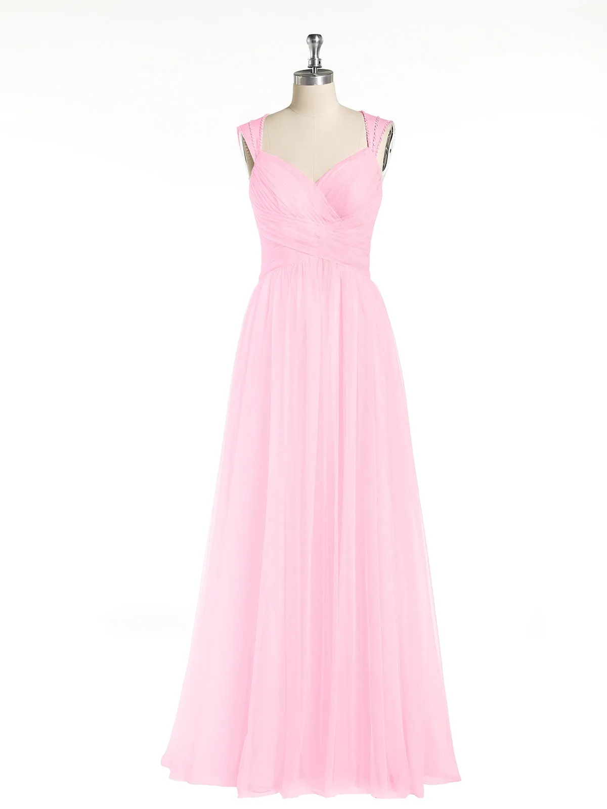 Cross-Pleated Tulle Long Dresses with Beaded Straps Candy Pink