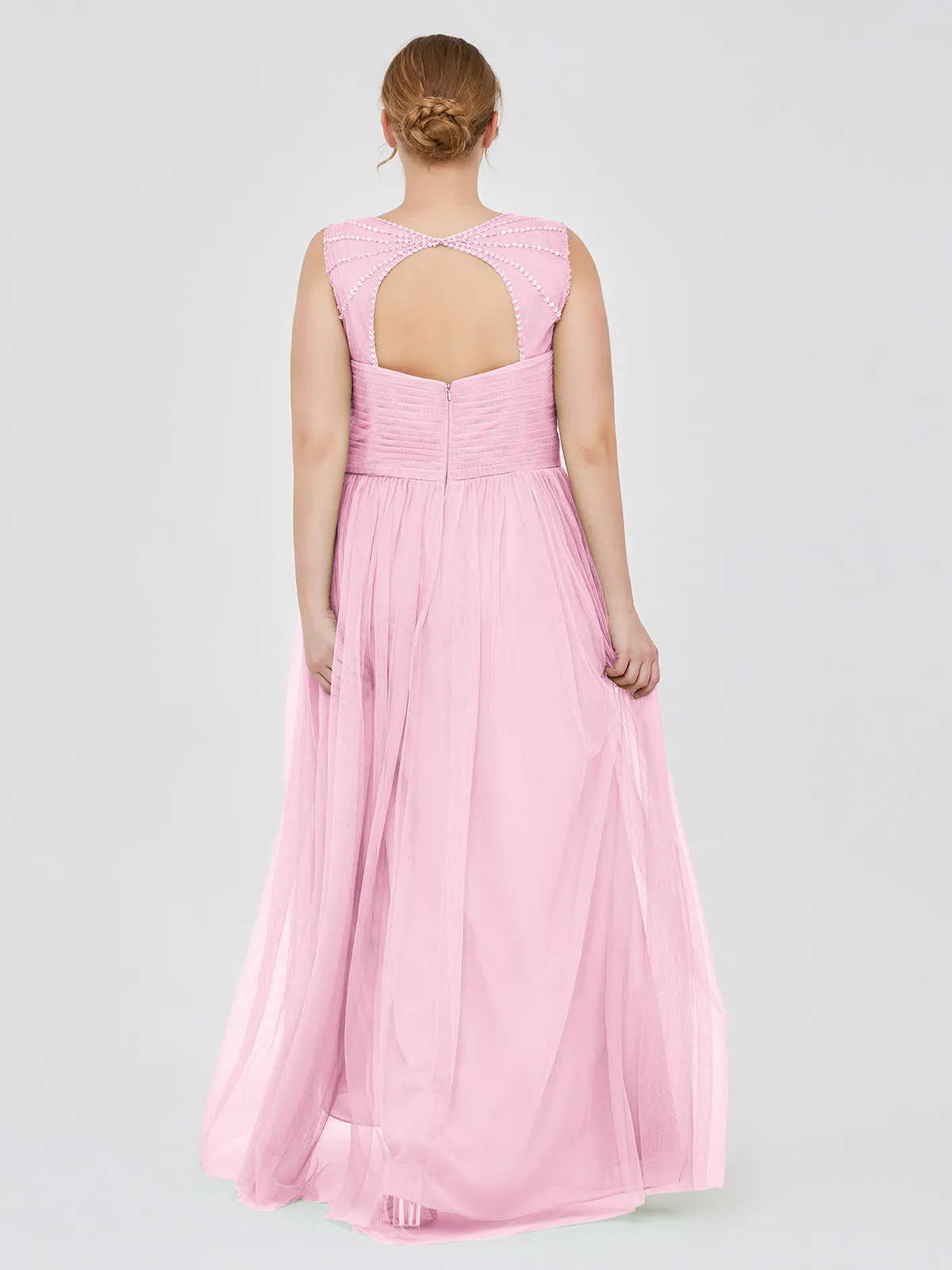 Cross-Pleated Tulle Long Dresses with Beaded Straps Candy Pink