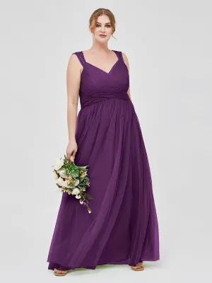 Cross-Pleated Tulle Long Dresses with Beaded Straps Grape Plus Size