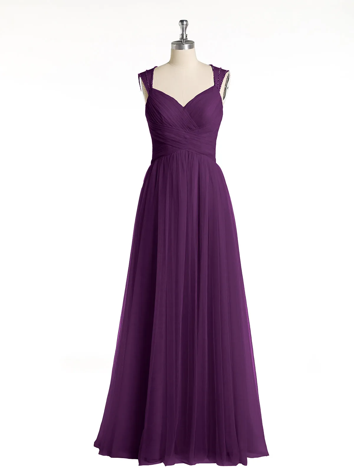 Cross-Pleated Tulle Long Dresses with Beaded Straps Grape Plus Size