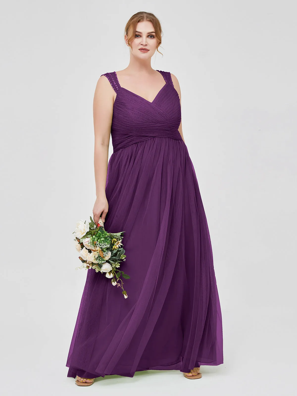 Cross-Pleated Tulle Long Dresses with Beaded Straps Grape Plus Size