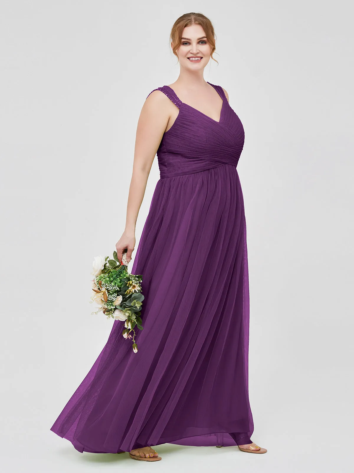 Cross-Pleated Tulle Long Dresses with Beaded Straps Grape Plus Size
