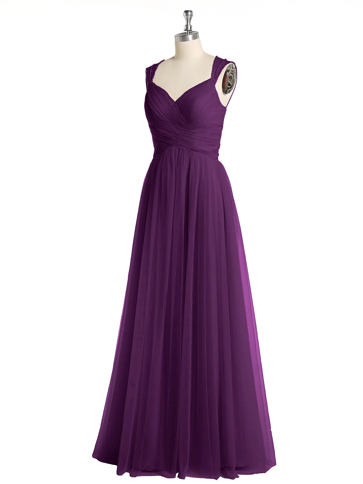 Cross-Pleated Tulle Long Dresses with Beaded Straps Grape Plus Size