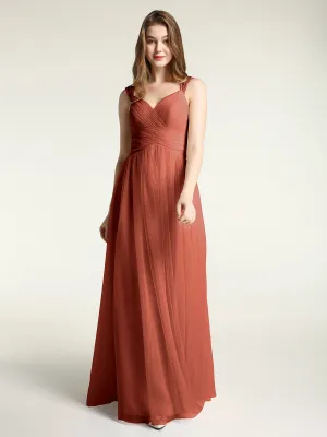 Cross-Pleated Tulle Long Dresses with Beaded Straps Rust
