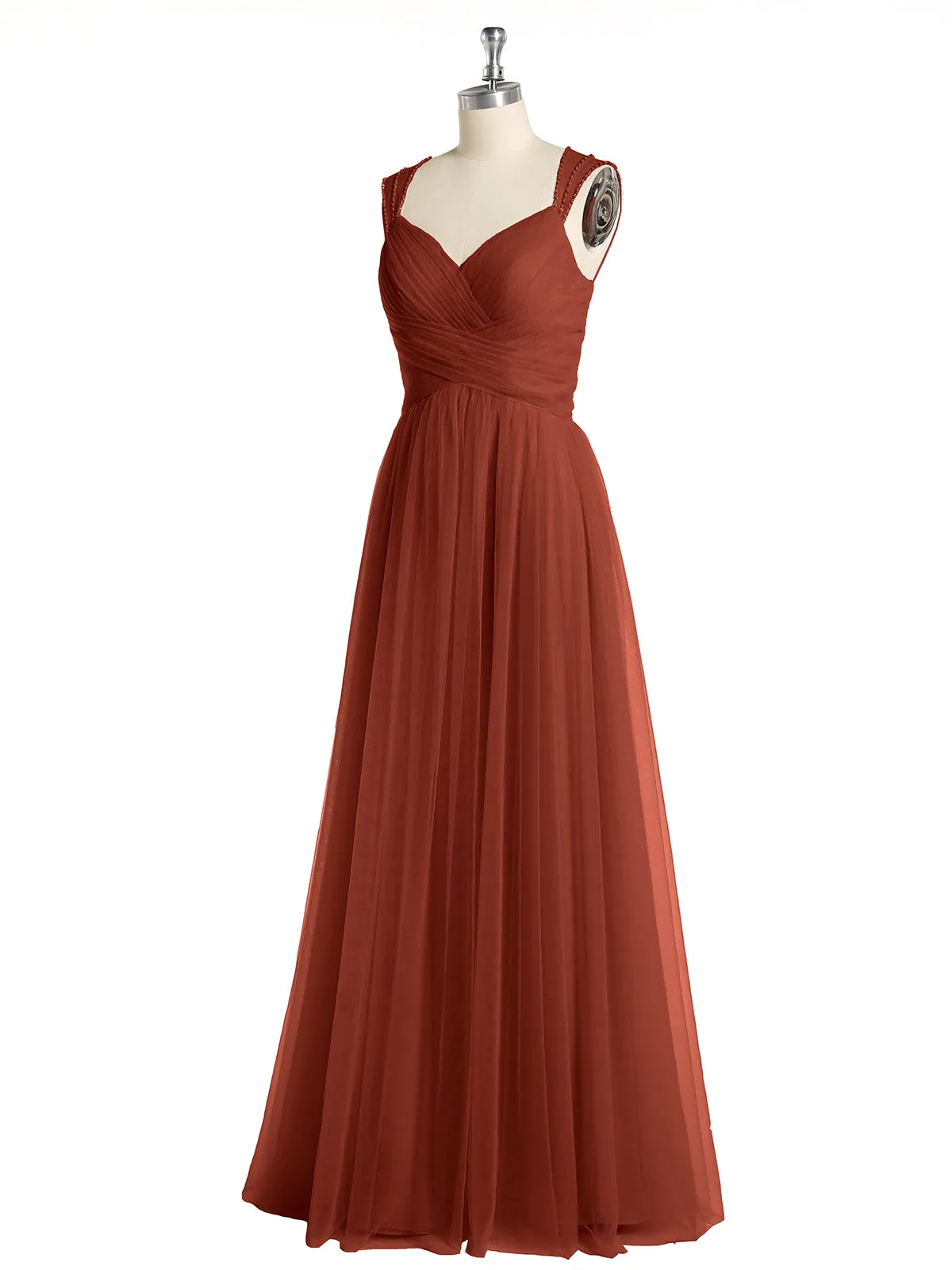 Cross-Pleated Tulle Long Dresses with Beaded Straps Rust