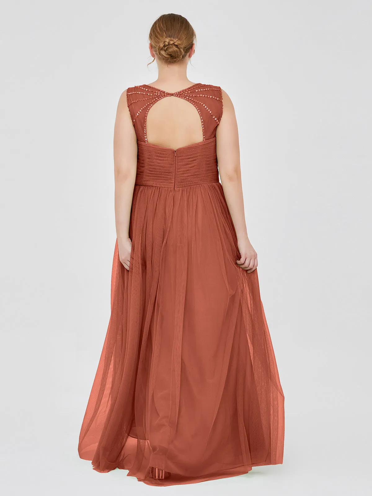 Cross-Pleated Tulle Long Dresses with Beaded Straps Rust