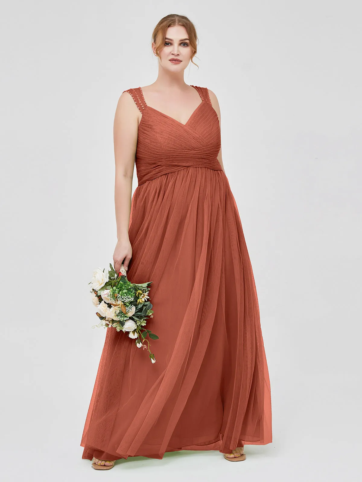 Cross-Pleated Tulle Long Dresses with Beaded Straps Rust